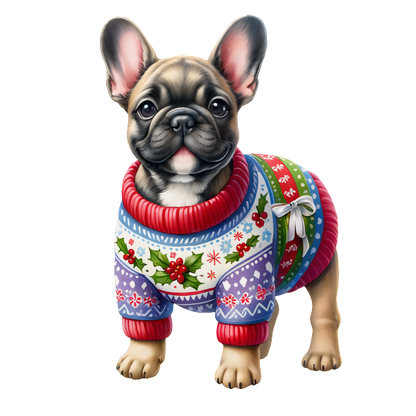 Este adorable bulldog francés está vestido con un suéter festivo y colorido adornado con patrones de acebo y copos de nieve.