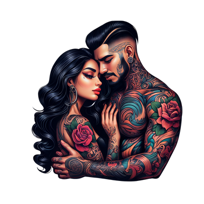 A vibrant and artistic representation of a tattooed couple embracing, showcasing intricate designs and bold colors.DTF Transfers dtf transfers