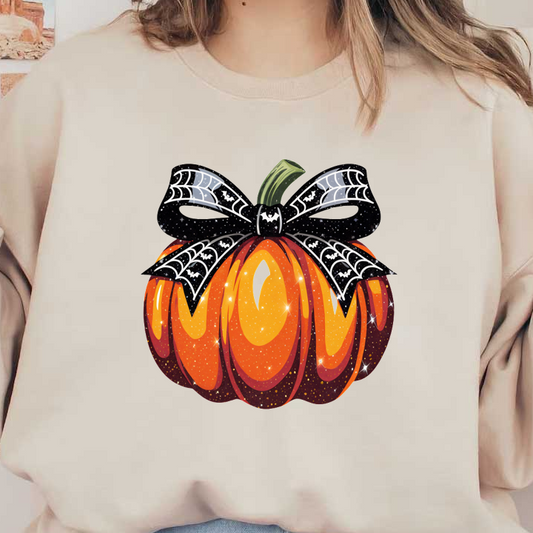 ¡Una calabaza festiva adornada con un lazo de telaraña negra y detalles brillantes, perfecta para las celebraciones de Halloween!