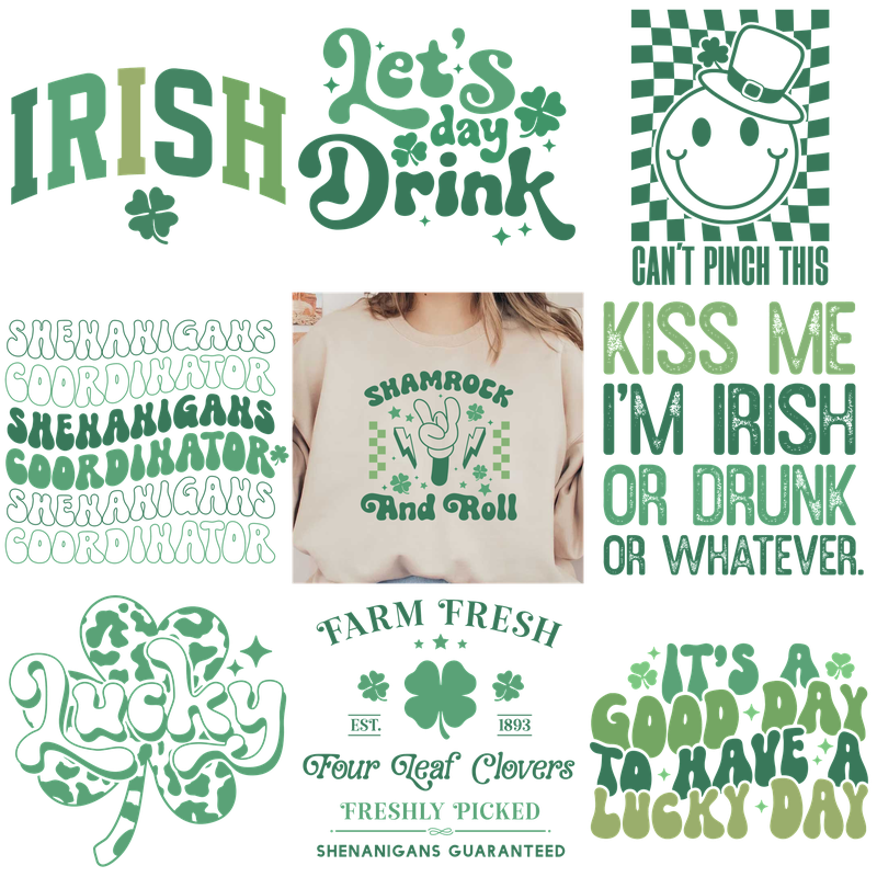 A green-themed clothing collection with Irish phrases and symbols.DTF Transfers