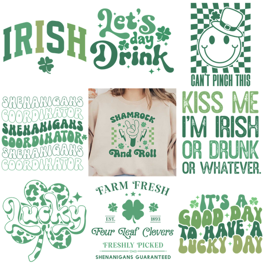 A green-themed clothing collection with Irish phrases and symbols.DTF Transfers