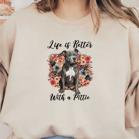 A graphic t-shirt design with a pit bull and floral pattern.DTF Transfers