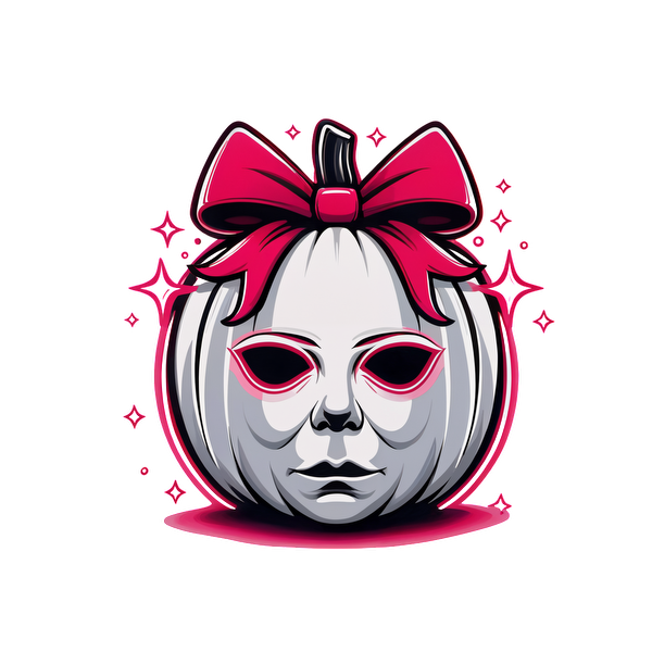 Una llamativa ilustración de una calabaza con rostro humano y un lazo rosa brillante, que irradia una atmósfera caprichosa de Halloween.