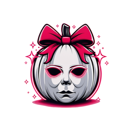 Una llamativa ilustración de una calabaza con rostro humano y un lazo rosa brillante, que irradia una atmósfera caprichosa de Halloween.