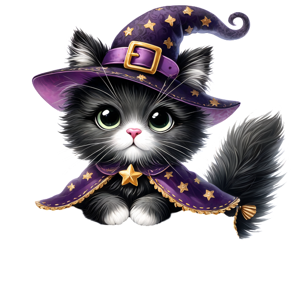 ¡Este adorable gato blanco y negro con un extravagante sombrero de bruja morado y una capa estrellada está listo para la diversión de Halloween!