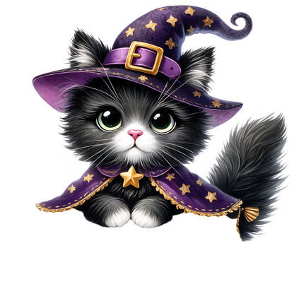 ¡Este adorable gato blanco y negro con un extravagante sombrero de bruja morado y una capa estrellada está listo para la diversión de Halloween!