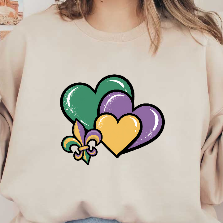 A vibrant design featuring three colorful hearts in green, purple, and yellow, complemented by a decorative fleur-de-lis.DTF Transfers