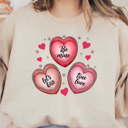 Colorful heart illustrations featuring sweet sentiments like "Be mine," "Let's kiss," and "True love," perfect for romantic occasions.DTF Transfers