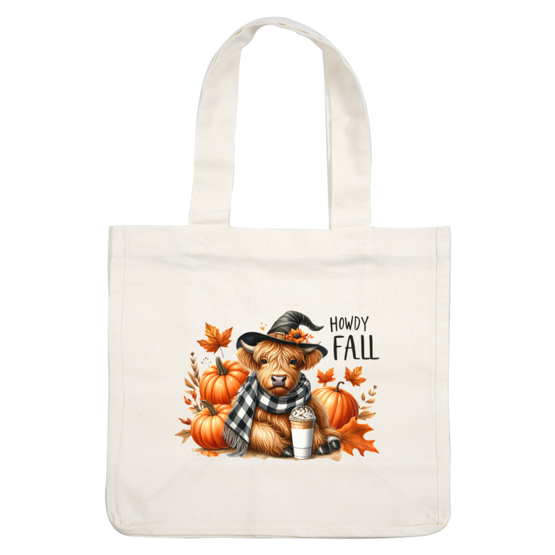 A cute Highland calf wearing a witch hat and scarf, surrounded by pumpkins and holding a festive drink, celebrates fall.dtf regular iron