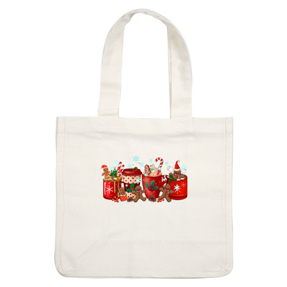 A festive arrangement of colorful holiday mugs, adorned with gingerbread men, candy canes, and sweet toppings, perfect for celebrating winter. heat press transfers