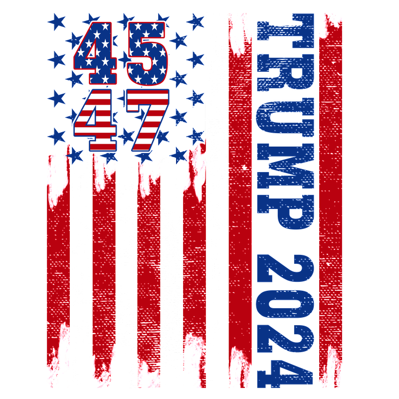 A bold graphic featuring a distressed American flag design with "TRUMP 2024" and the numbers "45" and "47" prominently displayed.DTF Transfers dtf transfers heat press transfers