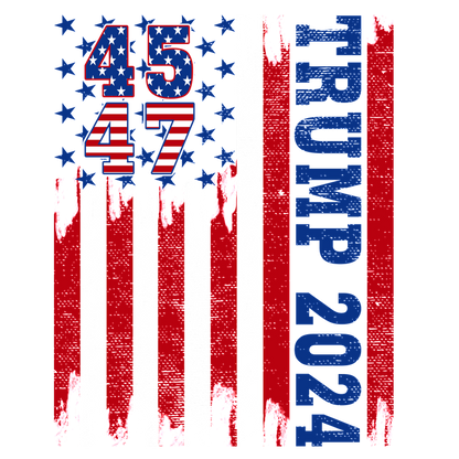 A bold graphic featuring a distressed American flag design with "TRUMP 2024" and the numbers "45" and "47" prominently displayed.DTF Transfers dtf transfers heat press transfers