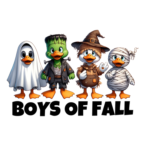 A fun and festive group of four cartoon ducks dressed in Halloween costumes, featuring a ghost, Frankenstein, a scarecrow, and a mummy.dtf regular iron