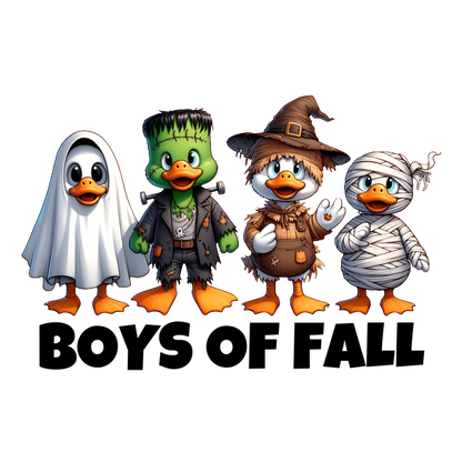 A fun and festive group of four cartoon ducks dressed in Halloween costumes, featuring a ghost, Frankenstein, a scarecrow, and a mummy.dtf regular iron