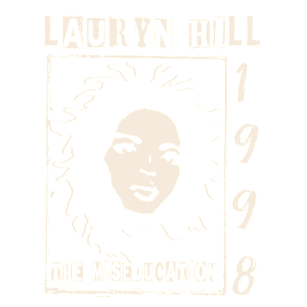 Un gráfico estilizado que presenta a Lauryn Hill de 1998, celebrando su álbum "The Miseducation" con un diseño audaz y artístico. Transferencias DTF