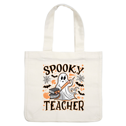 This fun design features a cute ghost holding a pencil and books, perfect for a "Spooky Teacher" theme!