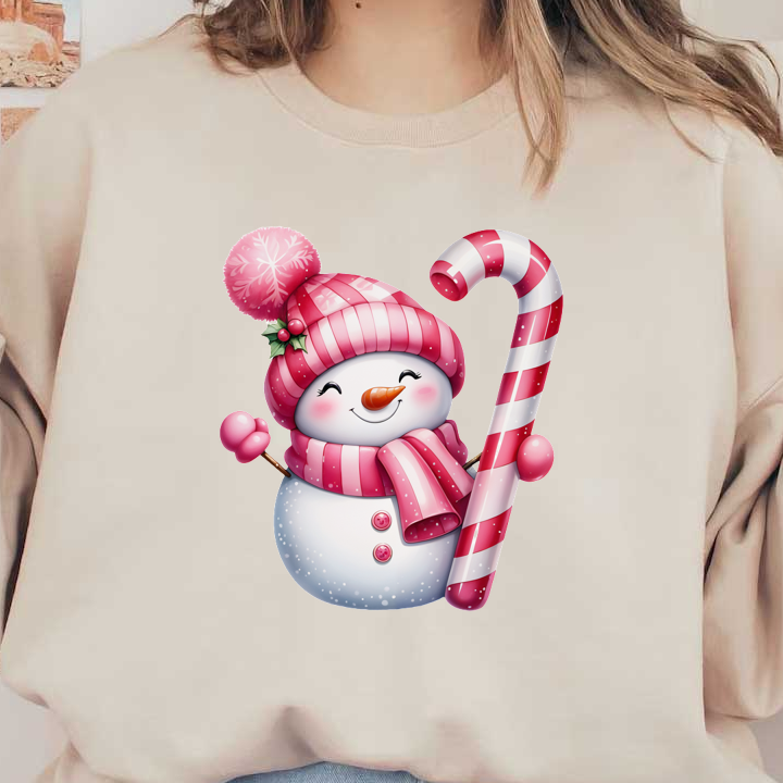 Cheerful snowman adorned with a pink striped hat and scarf, happily holding a candy cane, perfect for the festive season! dtf prints