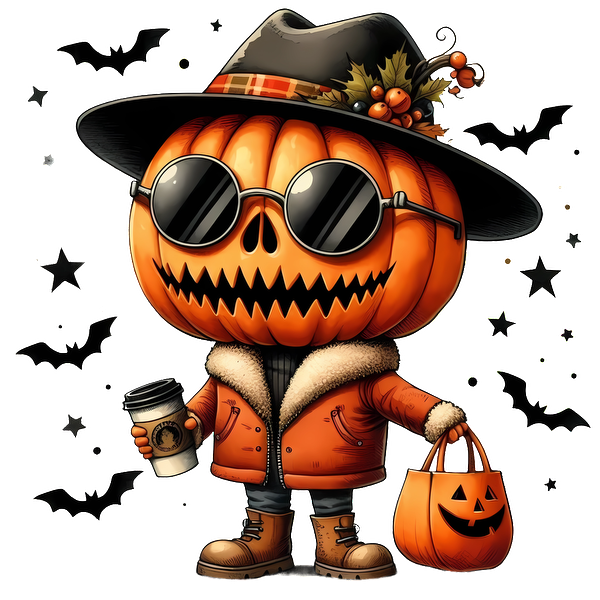 Un elegante personaje de calabaza con gafas de sol, un sombrero y una chaqueta naranja, sosteniendo una taza de café y una bolsa con temática de calabaza.