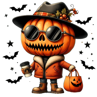 Un elegante personaje de calabaza con gafas de sol, un sombrero y una chaqueta naranja, sosteniendo una taza de café y una bolsa con temática de calabaza.