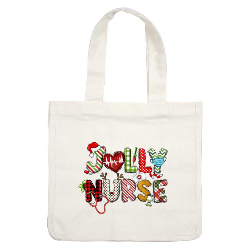 Celebrate the holiday spirit with this playful "Jolly Nurse" design featuring festive colors, medical symbols, and seasonal cheer!DTF Transfers