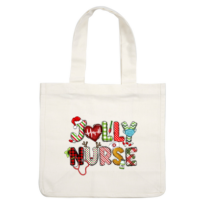 Celebrate the holiday spirit with this playful "Jolly Nurse" design featuring festive colors, medical symbols, and seasonal cheer!DTF Transfers