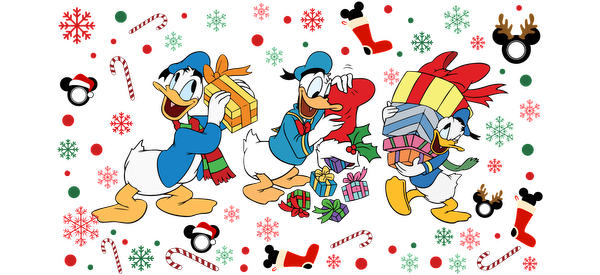 A cheerful illustration featuring Donald Duck and friends joyfully carrying colorful gifts surrounded by festive decorations.UV Transfersdtf regular iron