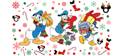 A cheerful illustration featuring Donald Duck and friends joyfully carrying colorful gifts surrounded by festive decorations.UV Transfersdtf regular iron