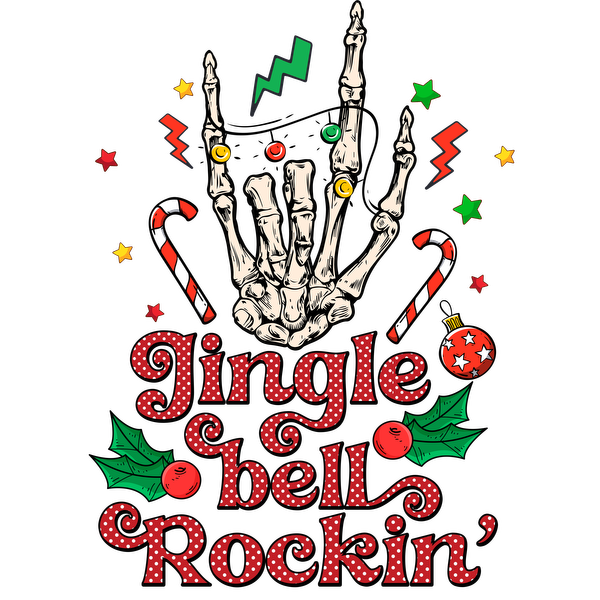 A festive design featuring a skeletal hand with colorful ornaments, candy canes, and the playful phrase "Jingle bell Rockin'." heat press transfers