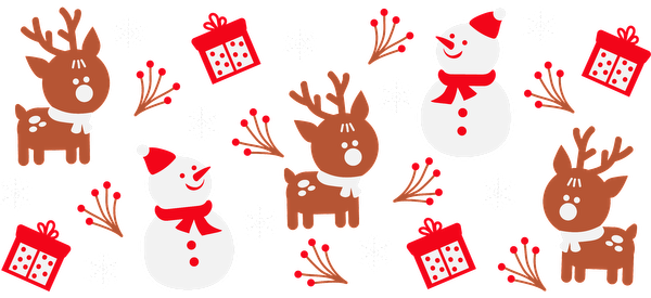 A whimsical holiday pattern featuring playful reindeer, cheerful snowmen, and festive gifts, all adorned with winter elements.UV Transfers dtf transfers