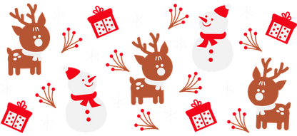 A whimsical holiday pattern featuring playful reindeer, cheerful snowmen, and festive gifts, all adorned with winter elements.UV Transfers dtf transfers