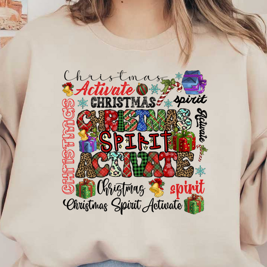 A colorful and festive design featuring the phrase "Activate Christmas Spirit," adorned with gifts, snowflakes, and holiday decorations.DTF Transfers heat press transfers