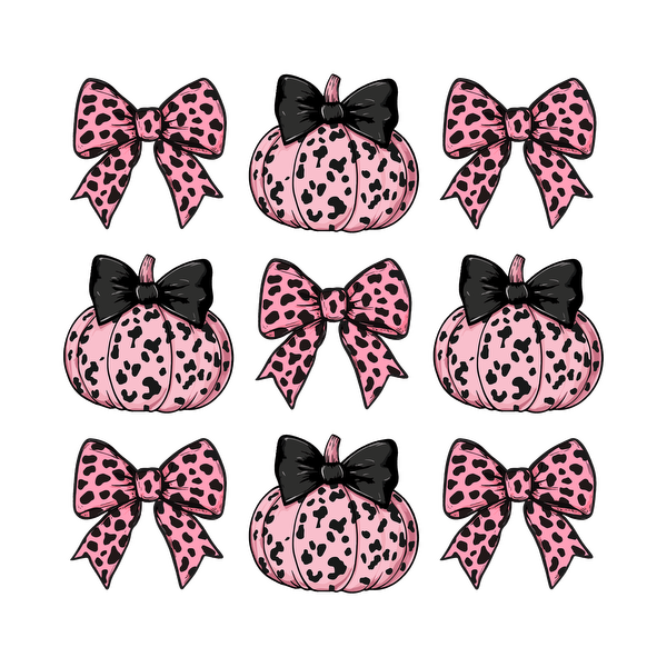 ¡Una divertida colección de calabazas rosas adornadas con lazos negros y estampado de leopardo, perfectas para una elegante decoración otoñal!