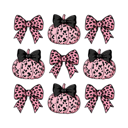 ¡Una divertida colección de calabazas rosas adornadas con lazos negros y estampado de leopardo, perfectas para una elegante decoración otoñal!