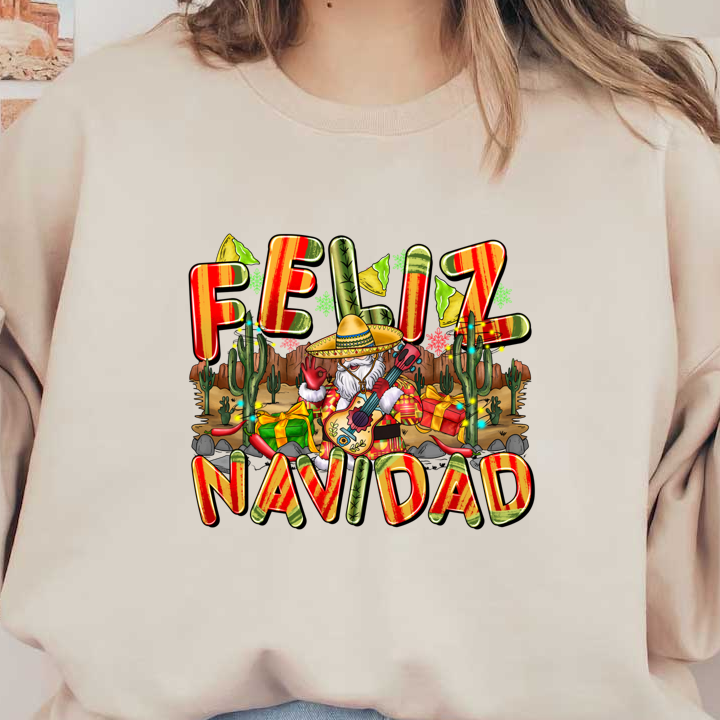 Celebrate the holidays with this vibrant “Feliz Navidad” design featuring a festive character in a sombrero, surrounded by cacti and gifts!DTF Transfers dtf transfers dtf transfers