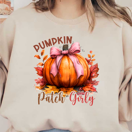 A charming illustration of a pumpkin adorned with a pink bow, surrounded by colorful autumn leaves and playful lettering. dtf prints