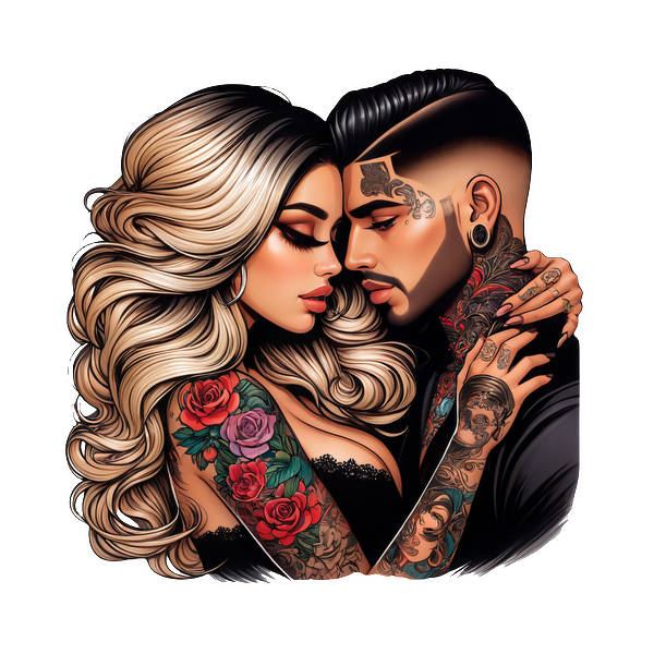 A captivating illustration of a couple embracing, showcasing intricate tattoos and vibrant flowers in a stylish, romantic pose.DTF Transfers heat press transfers