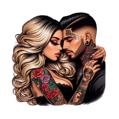 A captivating illustration of a couple embracing, showcasing intricate tattoos and vibrant flowers in a stylish, romantic pose.DTF Transfers heat press transfers