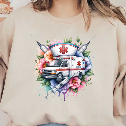 A vibrant illustration featuring an ambulance surrounded by colorful flowers and syringes, celebrating the dedication of nurses.DTF Transfers