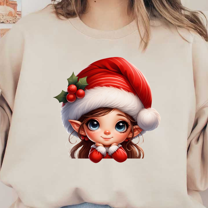 A cheerful cartoon elf girl wearing a red Santa hat with holly, showcasing big blue eyes and a warm smile.DTF Transfers heat press transfers