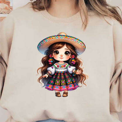 A charming young girl in vibrant traditional attire, adorned with floral patterns and a wide-brimmed sombrero, exudes cultural beauty. heat press transfers