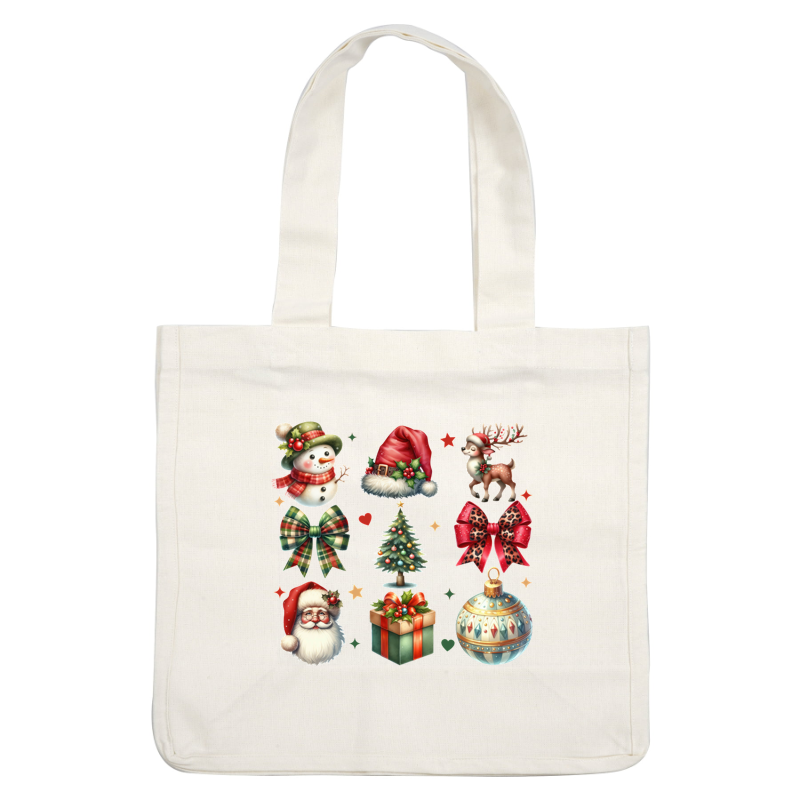 Cheerful collection of holiday-themed illustrations featuring a snowman, reindeer, Christmas tree, Santa, gift, bows, and ornaments. heat press transfers