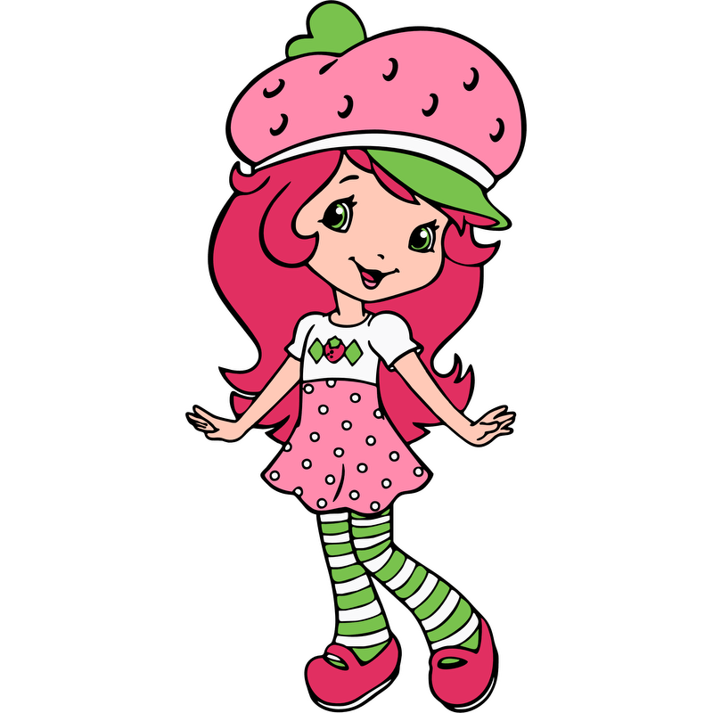 Meet a cheerful character with vibrant pink hair, wearing a strawberry-themed hat, a polka dot dress, and striped leggings!DTF Transfers