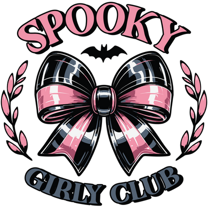 A vibrant, playful graphic featuring a black and pink bow, surrounded by decorative elements, with the text "Spooky Girly Club." dtf transfers