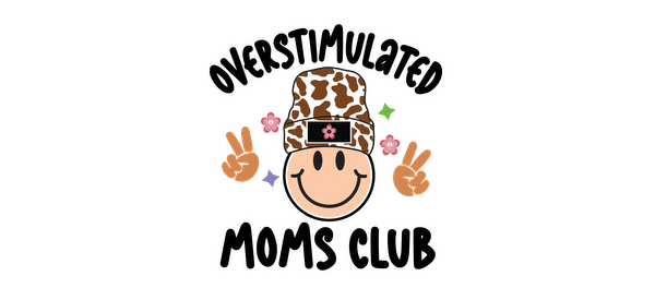 A cheerful smiley face wearing a fun cow-patterned hat, surrounded by colorful flowers and peace signs.UV Transfers dtf transfers