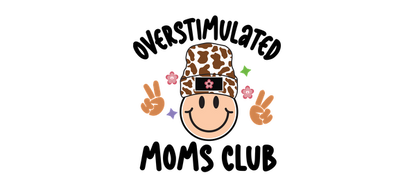 A cheerful smiley face wearing a fun cow-patterned hat, surrounded by colorful flowers and peace signs.UV Transfers dtf transfers