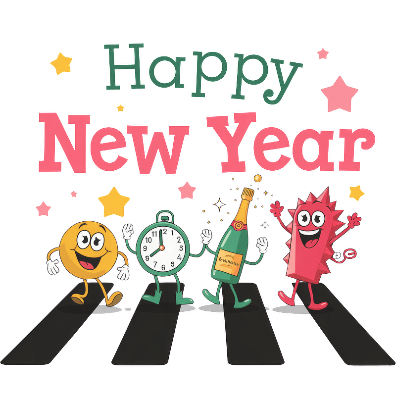 Celebrate the New Year with cheerful characters, including a clock, champagne bottle, and festive stars, spreading joy and excitement!DTF Transfers