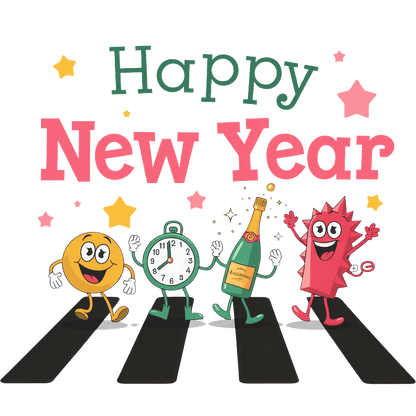 Celebrate the New Year with cheerful characters, including a clock, champagne bottle, and festive stars, spreading joy and excitement!DTF Transfers