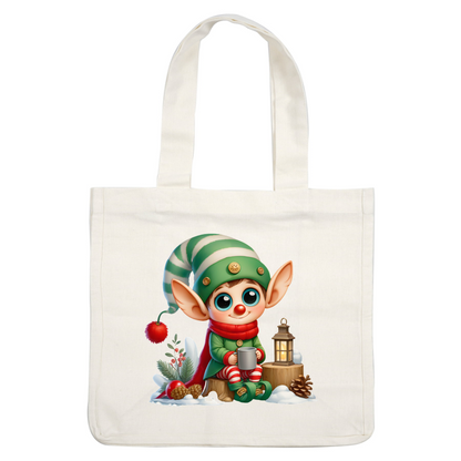 A cheerful, cartoonish elf in a green and red outfit sits on a log, holding a mug beside a lantern.DTF Transfers heat press transfersdtf regular iron