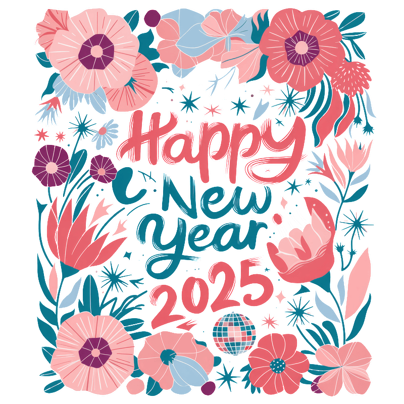 Bright and colorful illustration featuring floral designs with the cheerful message "Happy New Year 2025" at its center.DTF Transfers