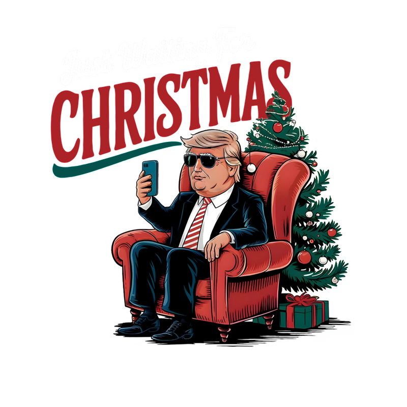 A whimsical holiday graphic featuring a character in a suit sitting in a cozy armchair, waiting for Christmas.DTF Transfers dtf prints